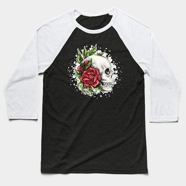 Skull with Flowers Graphic Baseball T-Shirt by Graphic Duster